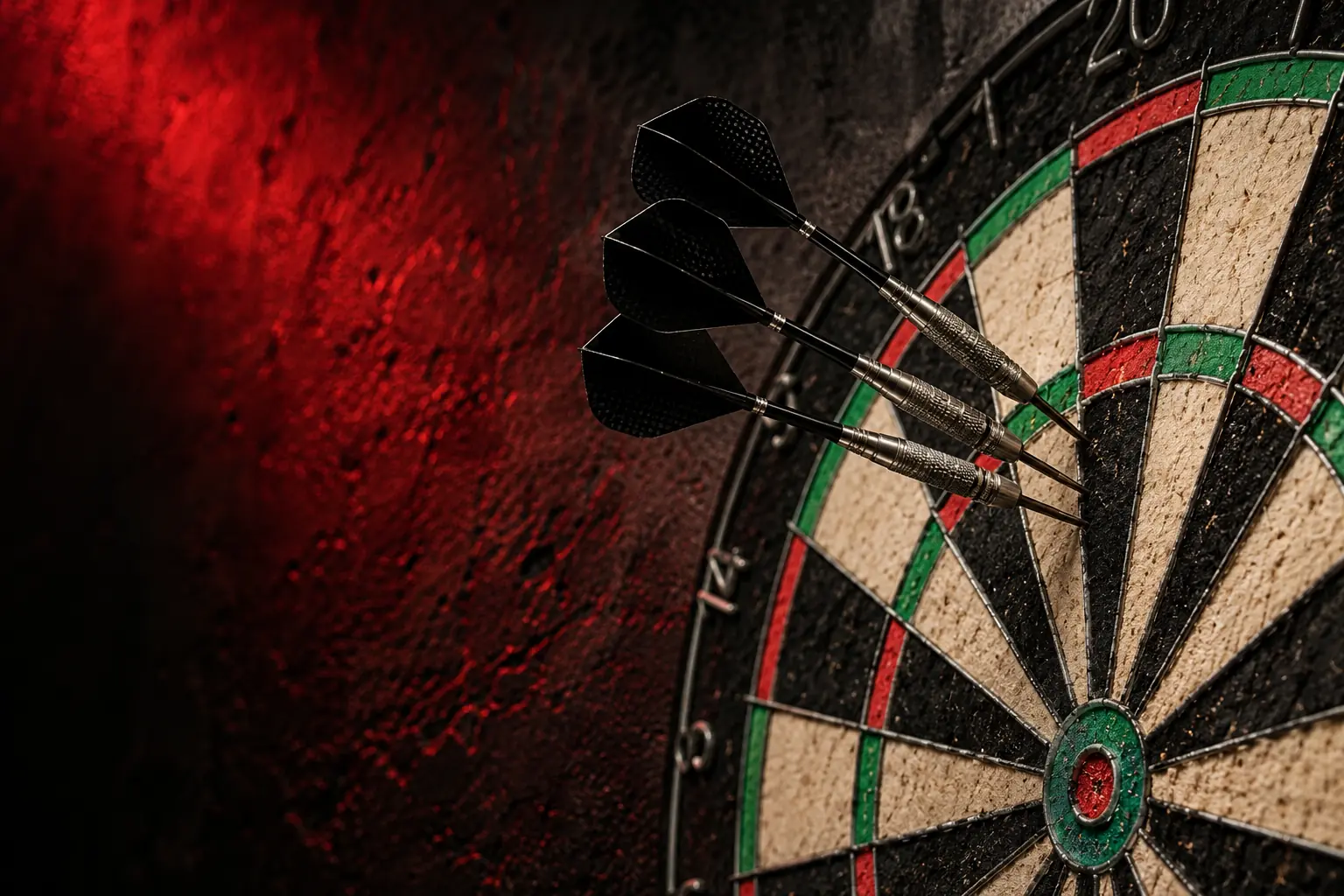 Dartboard with three darts, illustrative equipment photograph