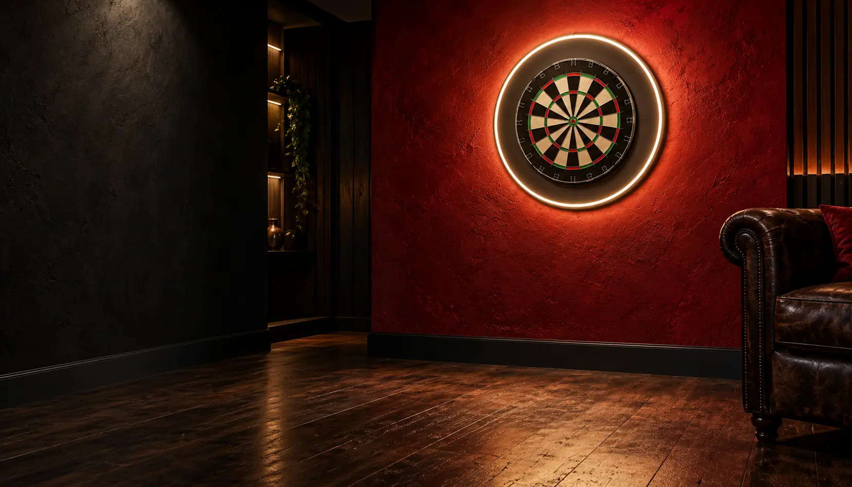 Illustrative home games room with a dartboard and seating